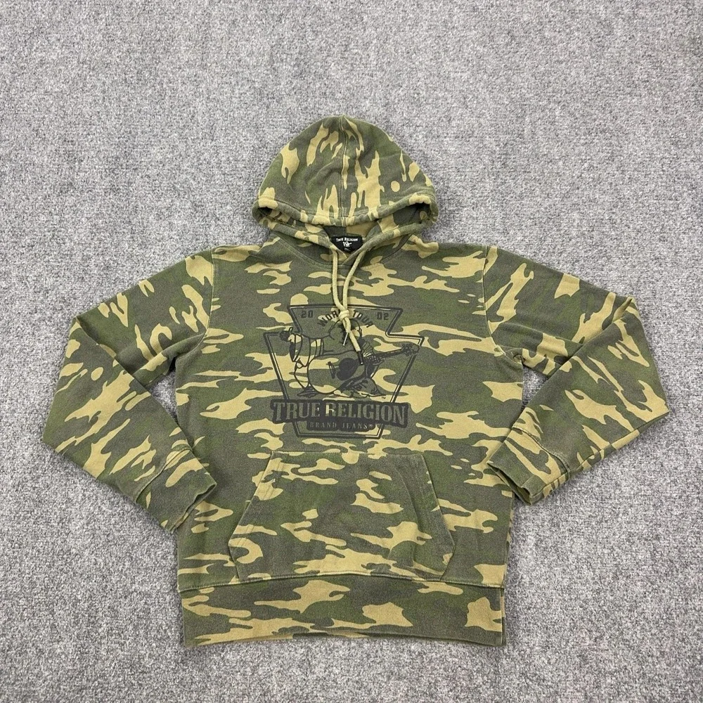 True Religion Hoodie Mens Small Green Camo Pullover Sweatshirt Buddha Logo